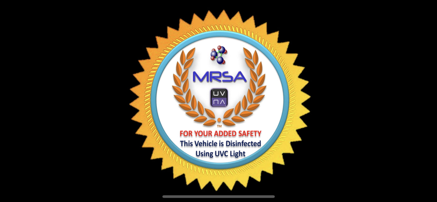 A gold and blue safety seal for an RV rental, stating 'This Vehicle is Disinfected Using UVC Light' for added safety, targeting MRSA. — photo 3