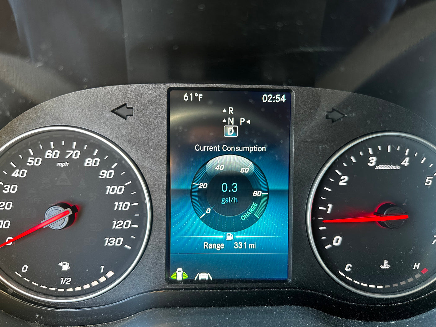 Vehicle dashboard: 61°F, 02:54, 0.3 gal/h consumption, and 331 mi range. A clear view for an RV rental.