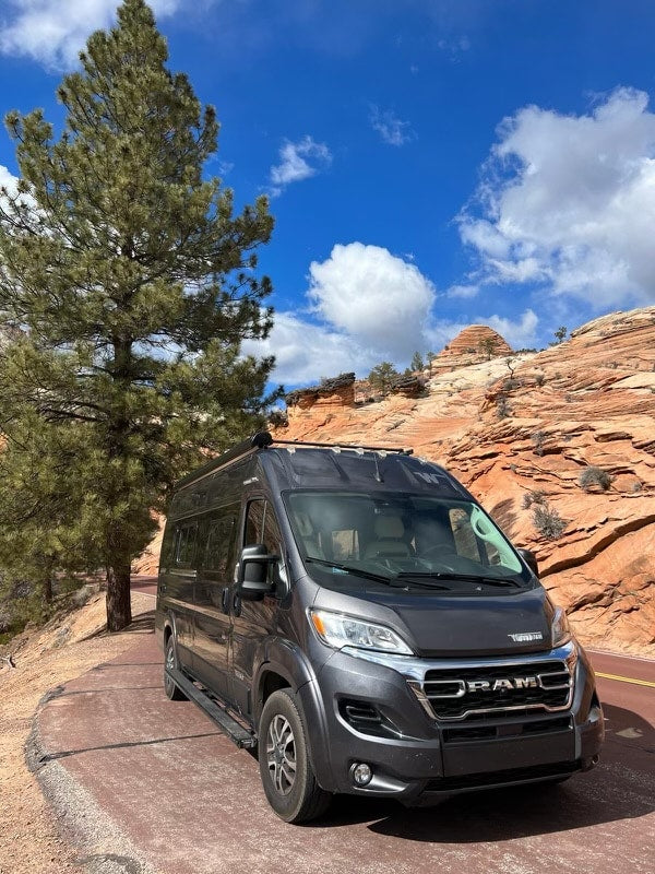Gray Ram ProMaster rv rental parked on a scenic red rock park road, beside a large pine tree under a blue sky.
