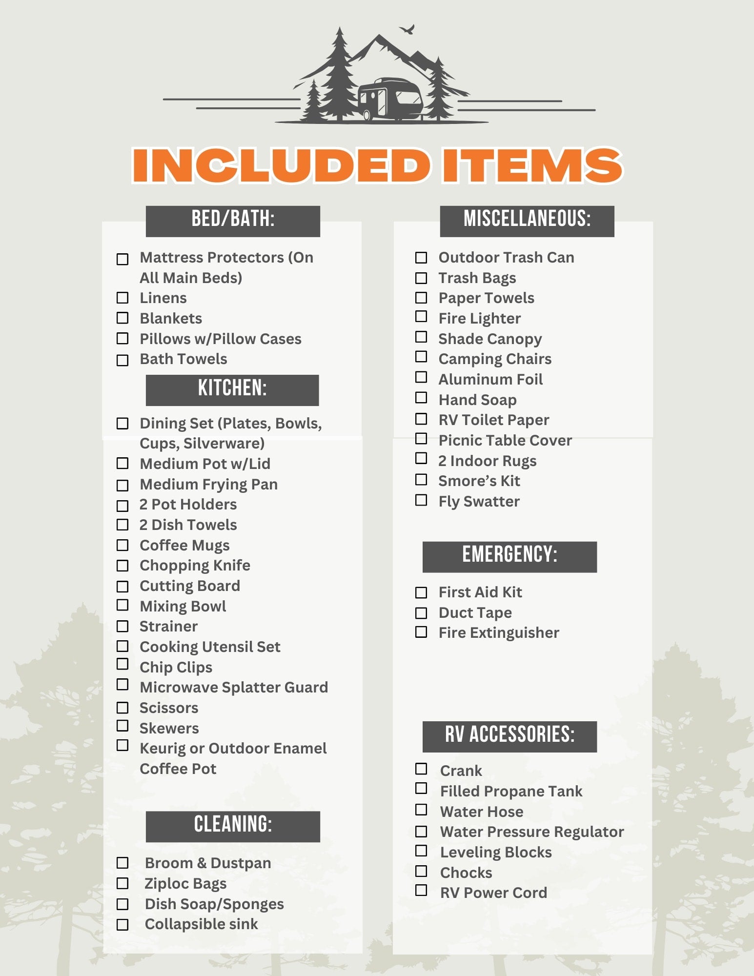 RV rental included items checklist: kitchen, bed/bath, cleaning, emergency, miscellaneous, and RV accessories.