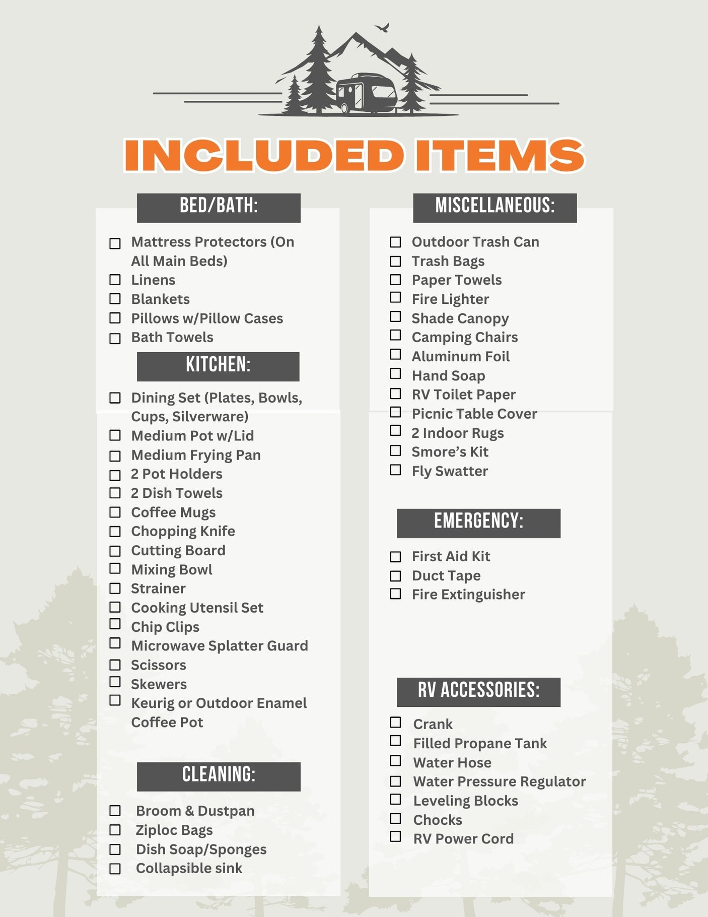 RV rental included items checklist: kitchen, bed/bath, cleaning, emergency, miscellaneous, and RV accessories.