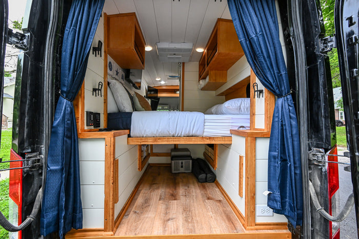 and side steps. Perfect for adventure!|Modern RV rental interior: kitchen counter