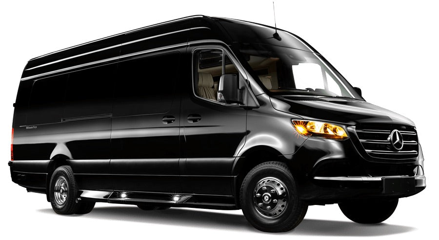 A black Mercedes-Benz Sprinter luxury van, perfect for rv rental, with tan interior and bright side steps.