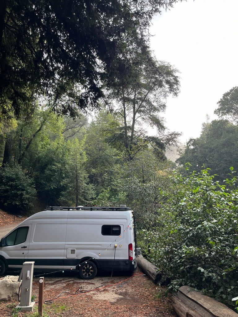 This rv rental camper van is set up for a cozy stay in a lush, green forest campsite, complete with string lights.