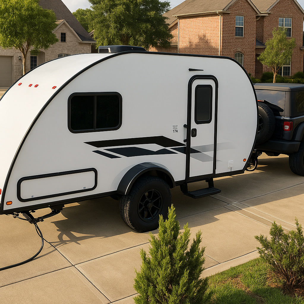 Teardrop RV rental, a compact travel trailer, connected to a black Jeep on a sunny residential driveway.