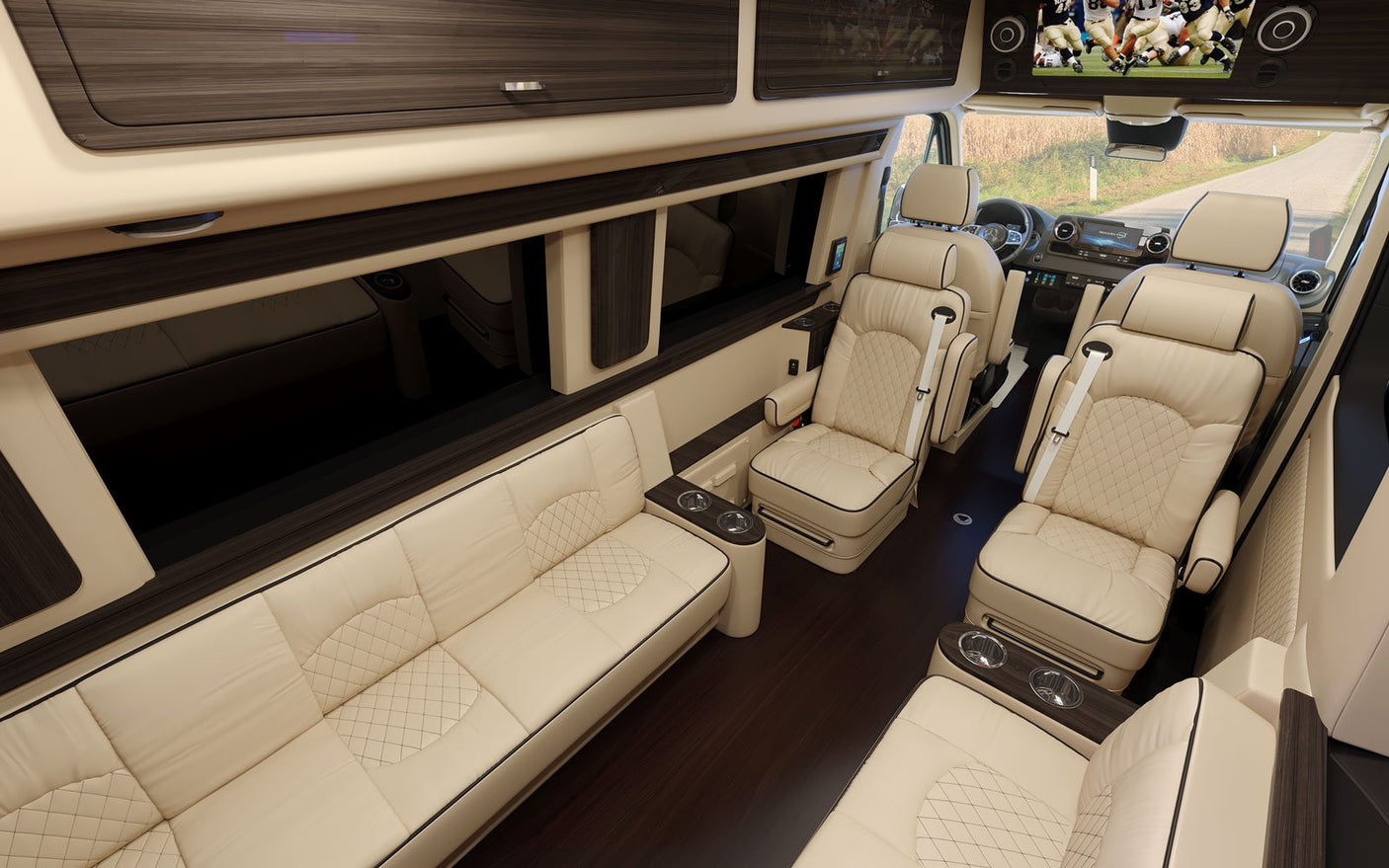 and wood accents. Perfect for travel comfort.|RV rental interior: Dark wood closet door next to a textured glass shower door with an AC vent on the right.|Compact RV rental bathroom with a corner sink