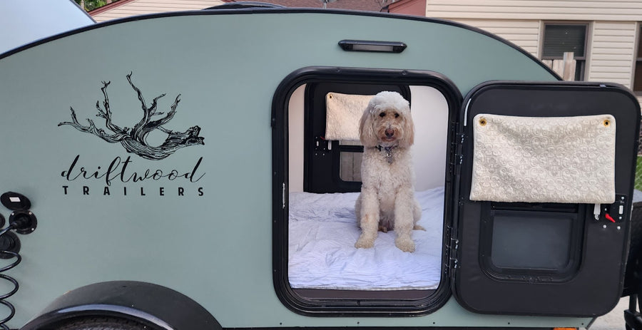 is ready for your rv rental adventure.|Perfect RV rental getaway: woman and dog enjoy a campfire meal beside a cool teardrop trailer in the woods.|Pet-friendly rv rental: Adorable dog sits in a light green Driftwood teardrop trailer