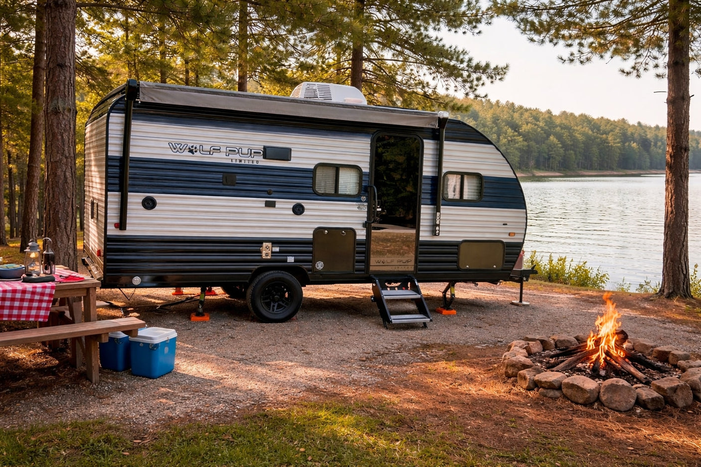 Enjoy a serene RV rental getaway! This Wolf Pup travel trailer is parked lakeside at a scenic campsite with a picnic table and campfire.|A lakeside rv rental glows under a vibrant Milky Way sky
