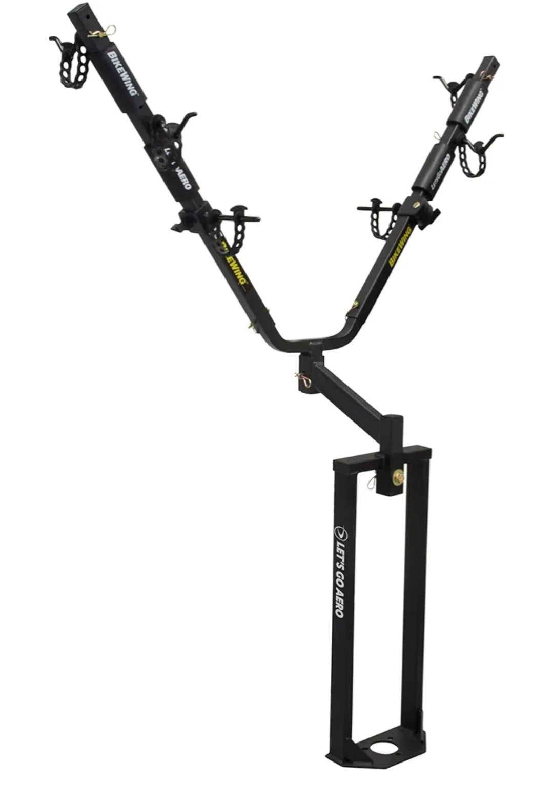 This heavy-duty bike rack, ideal for an RV rental, securely transports bicycles. Features BIKEWING and LET'S GO AERO branding.