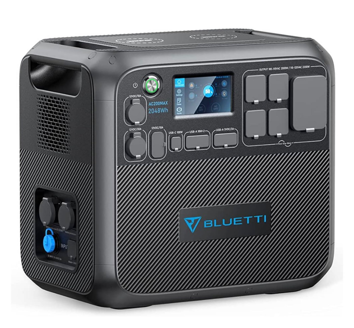 BLUETTI AC200MAX portable power station (2048Wh capacity), ideal for rv rental adventures or emergency backup power.