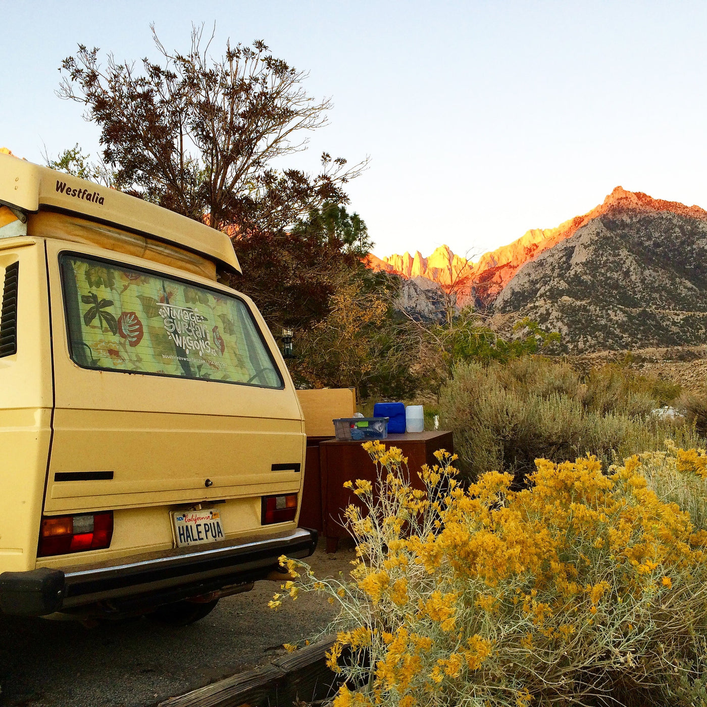 holding the steering wheel with ocean and road views outside.|Compact RV rental kitchen with a two-burner stove — photo 6