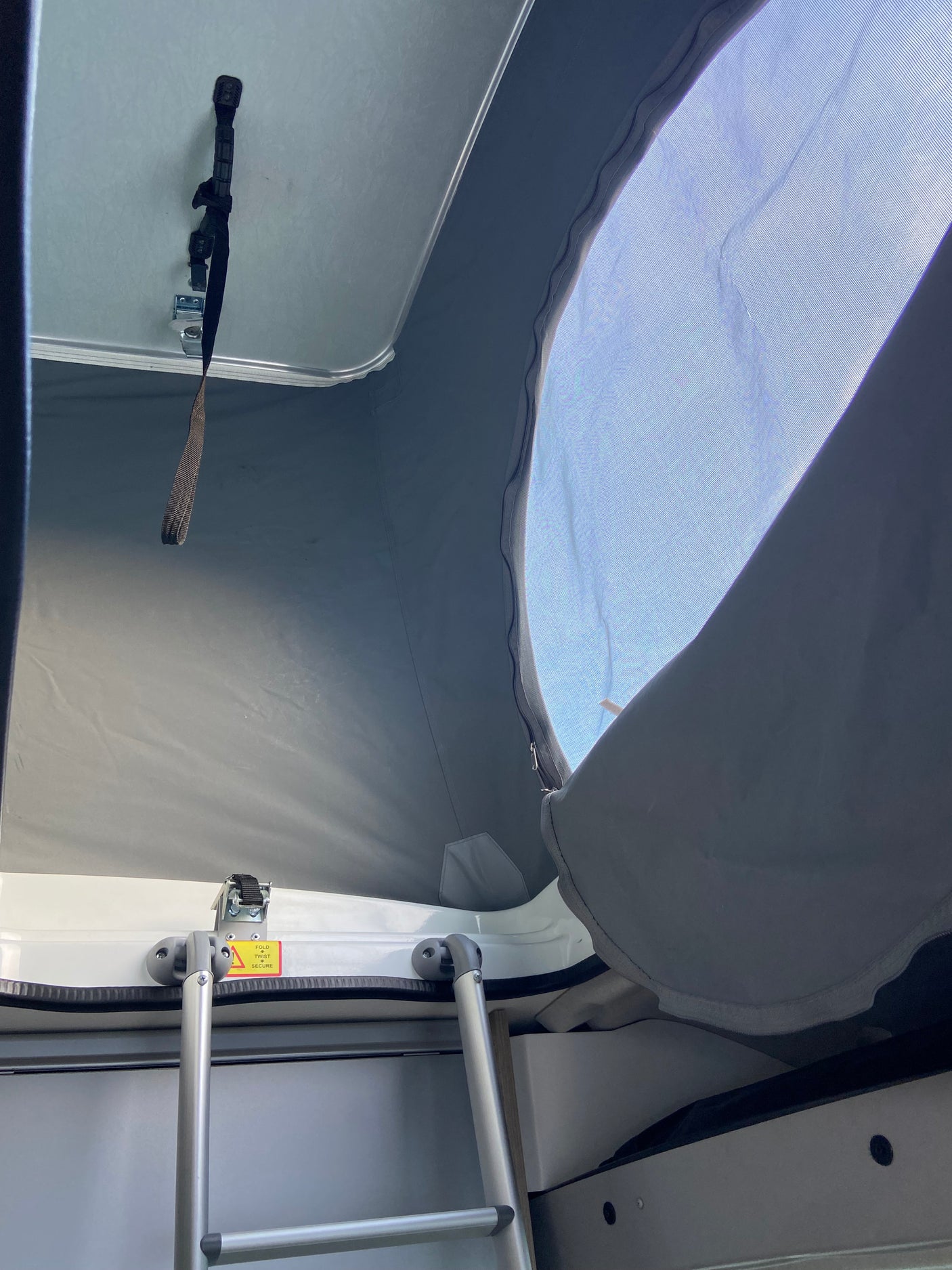 View from an RV rental, showing the ladder to the pop-top sleeping area and a mesh window open to the sky.