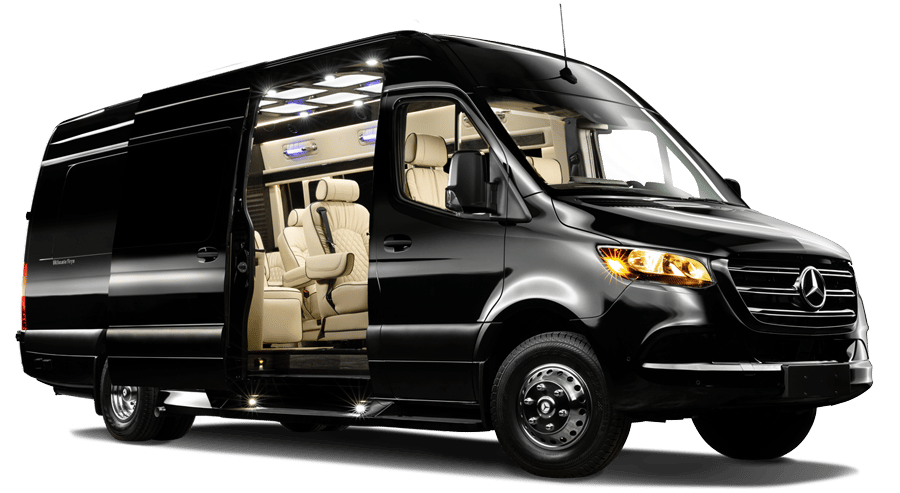 Sleek black luxury Sprinter van, featuring a lavish interior with cream seats, showcased with an open door. Great for RV rental trips.