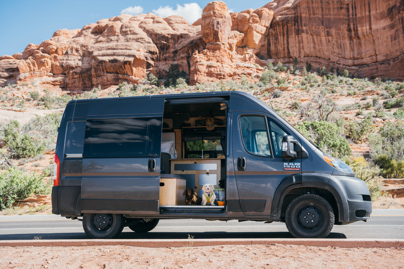 Pet-friendly rv rental van: a gray camper with its side door open, revealing two dogs & custom interior, parked near red rocks.