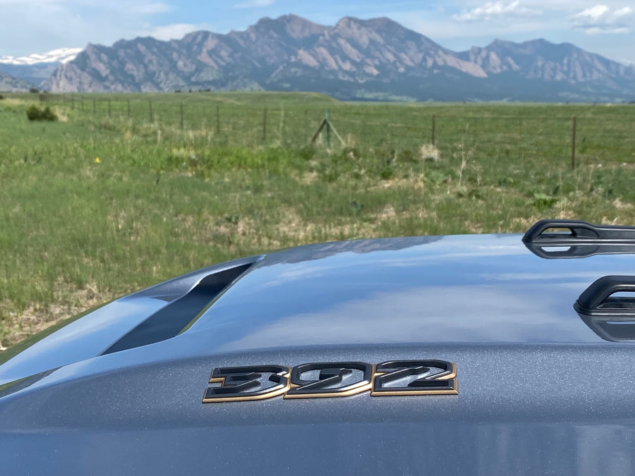 Gleaming grey vehicle hood with a '392' badge and roof rails, overlooks a green field and majestic mountains. Plan your RV rental journey!