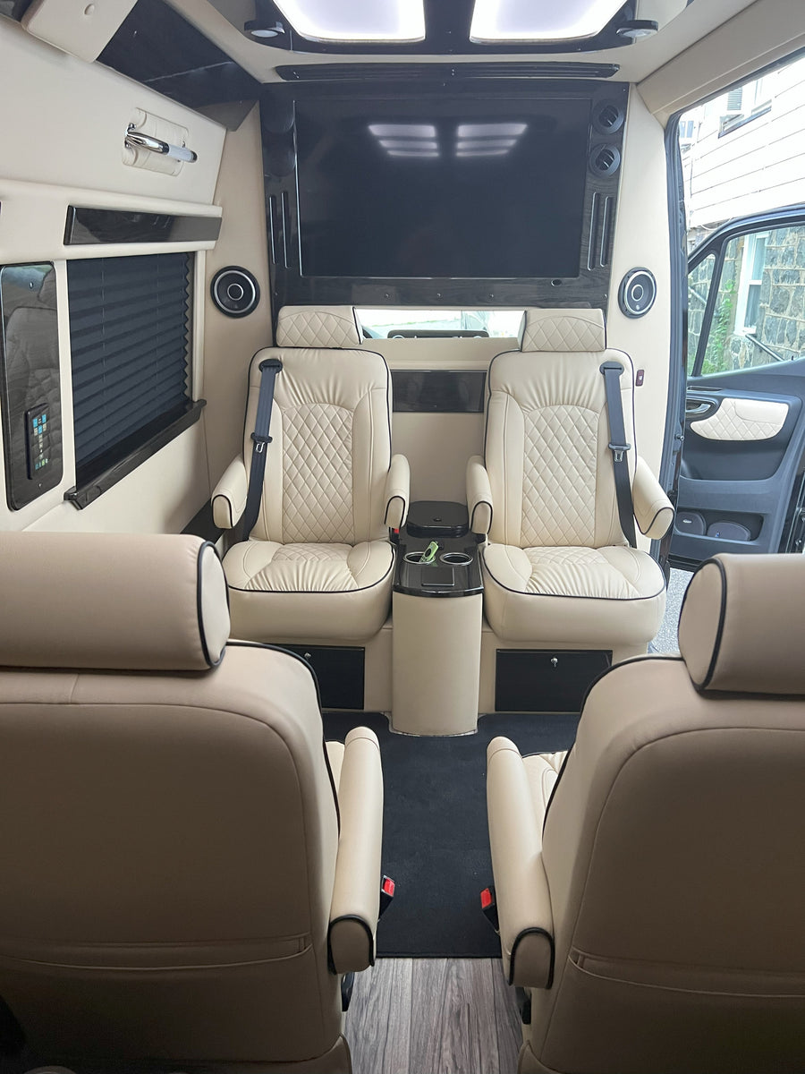 offering luxury travel.|Step into luxury with this RV rental. A spacious interior boasts plush cream seats