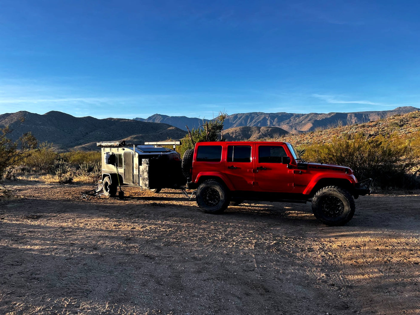 complementing our RV rental experience at night.|Snowy stop: This off-road RV rental trailer