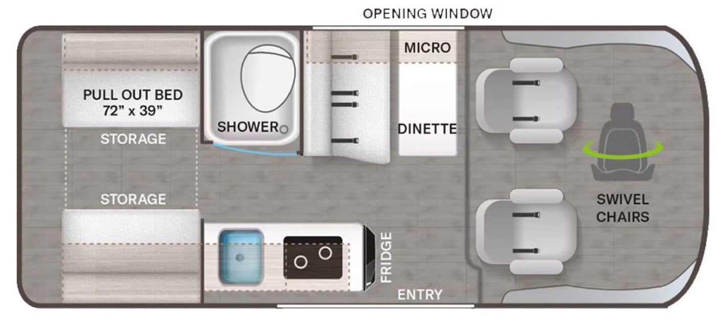 Compact RV rental floor plan: pull-out bed, shower, kitchen, dinette, and front swivel chairs, detailing the interior layout.