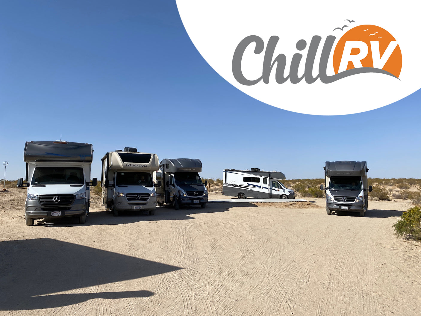 ChillRV: Explore the outdoors with our RV rentals! Diverse motorhomes parked in a sunny desert setting.