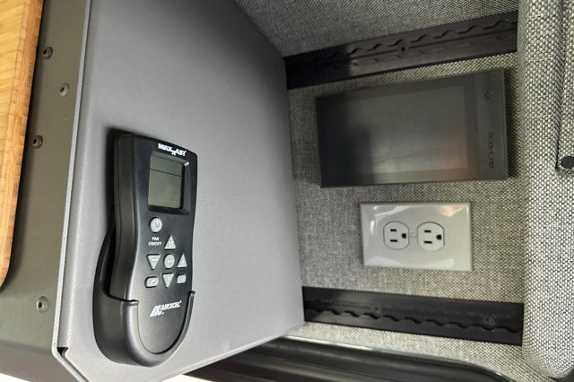 RV rental essentials: MaxxAir fan remote, EcoFlow power display, and dual AC outlet for comfort & convenience.