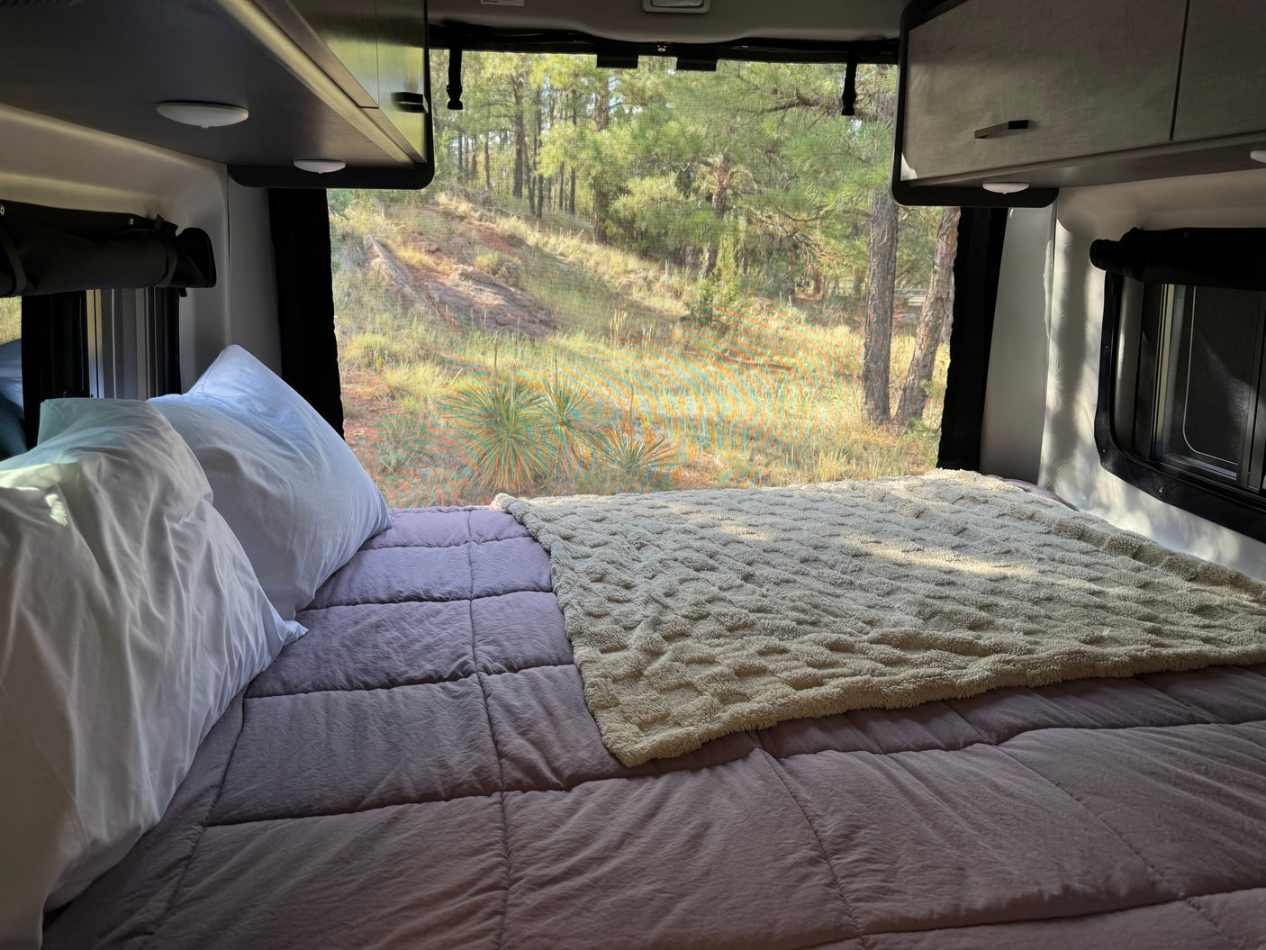 Cozy RV rental bed with a serene nature view through the screen window, perfect for camping relaxation.