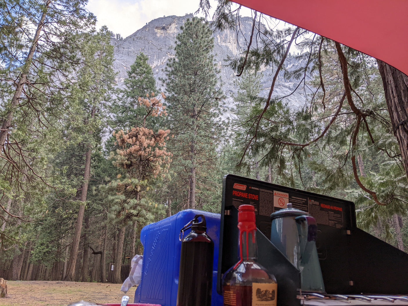 RV rental view: Campsite kitchen with a stove, coffee pot, and bottles. Tall pines frame a majestic mountain beyond.