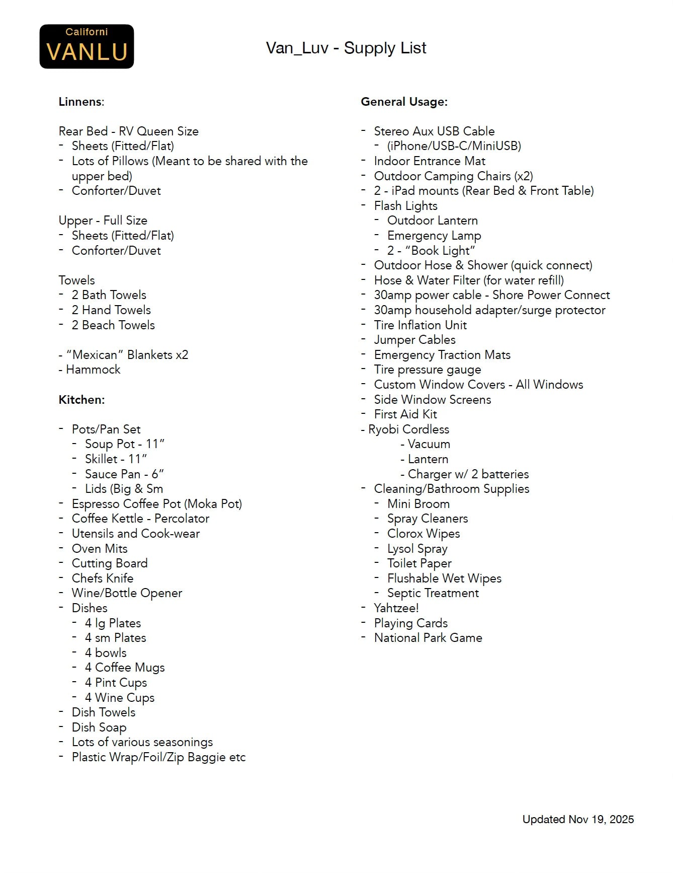 This RV rental supply list details linens, kitchenware, and general usage items for a comfortable trip.