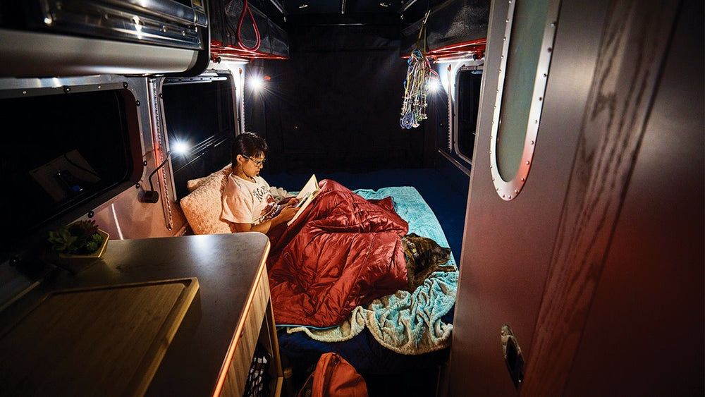 offering great forest views.|Adventure-ready RV rental: a versatile camper van interior with bike & gear storage
