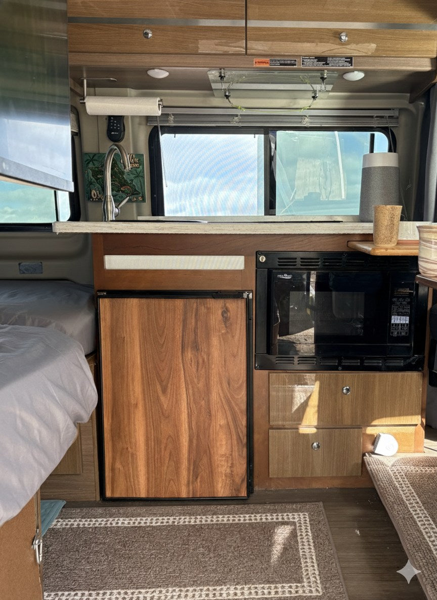 Cozy RV rental interior: kitchenette with sink, microwave, wood-paneled fridge, overhead cabinets, and adjacent bed.