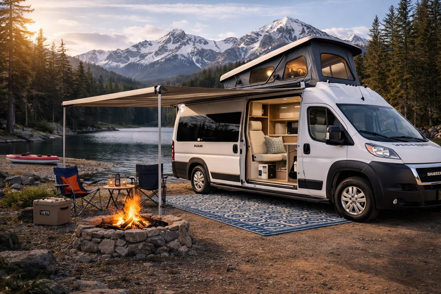 Lakeside camping with a white RV rental camper van. Features a pop-top