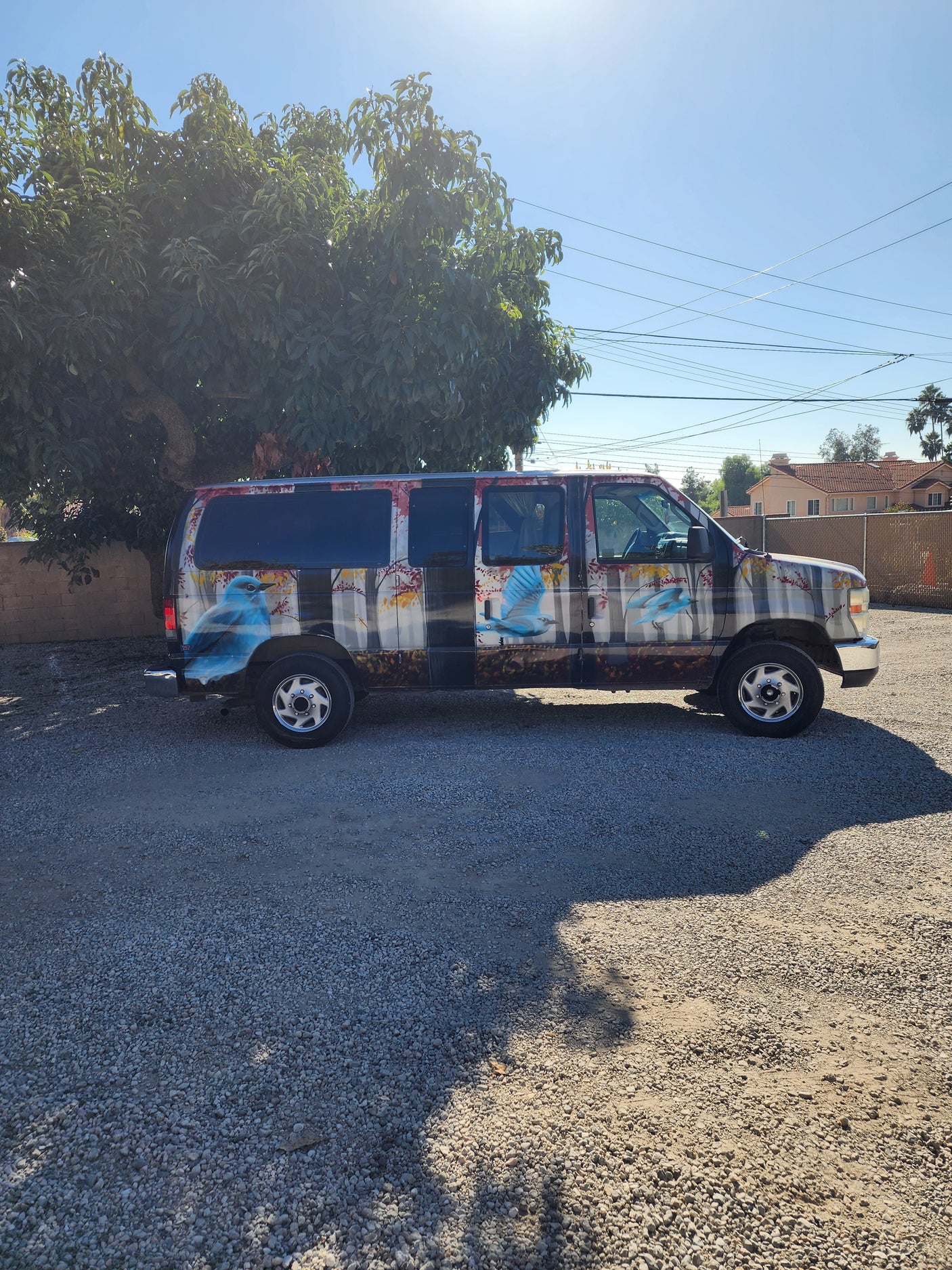 Customized camper van with blue bird art parked on gravel, an ideal RV rental for unique adventures.