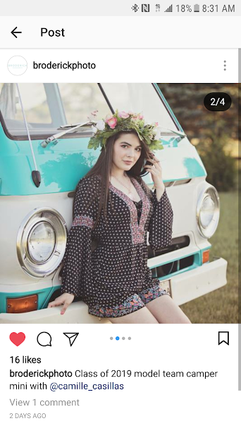 Stunning model with floral crown by vintage camper van. Great idea for an rv rental photoshoot! Class of 2019 vibes. @camille_casillas