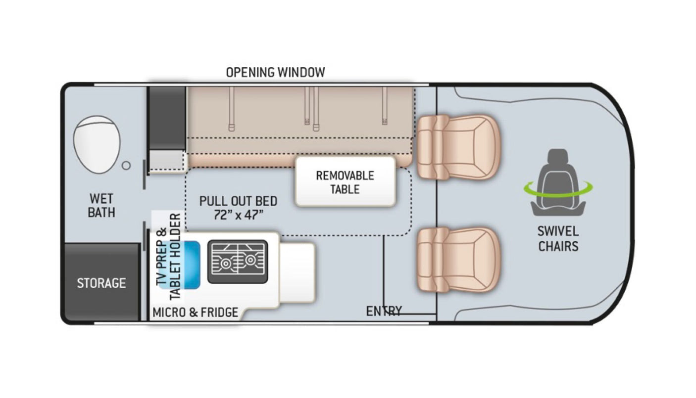This RV rental floor plan details a compact living space, featuring a wet bath, pull-out bed, micro & fridge, and swivel chairs.