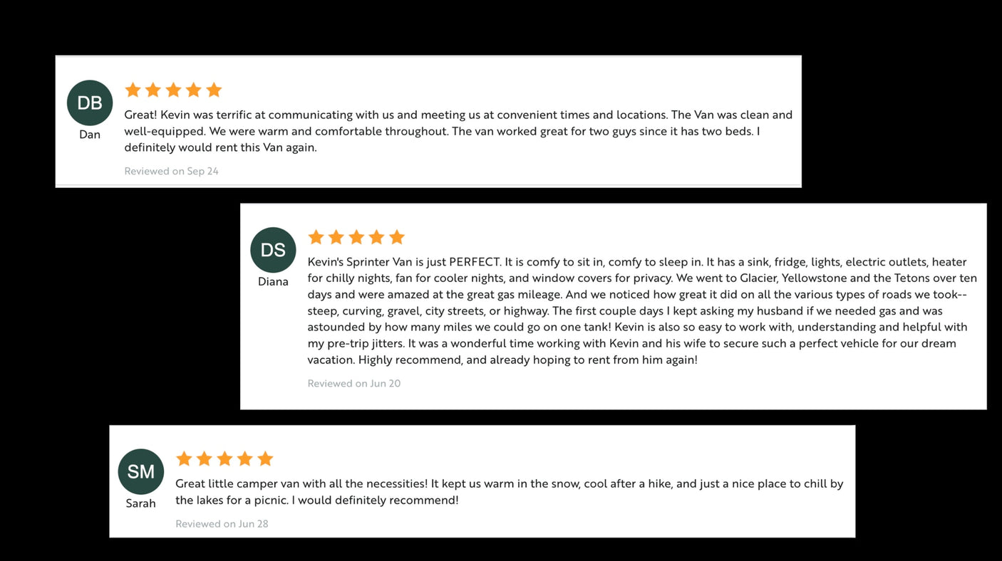 Positive customer reviews with 5-star ratings for an RV rental service, highlighting excellent experiences and amenities.