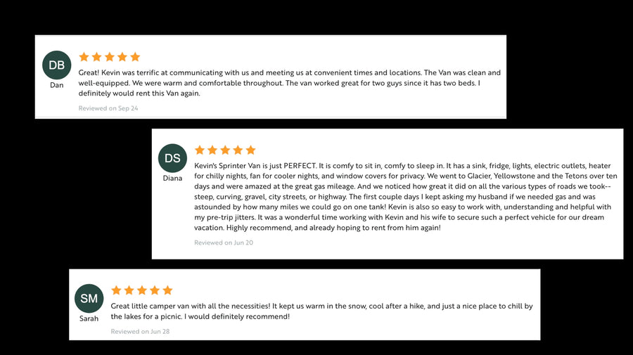 Positive customer reviews with 5-star ratings for an RV rental service, highlighting excellent experiences and amenities.