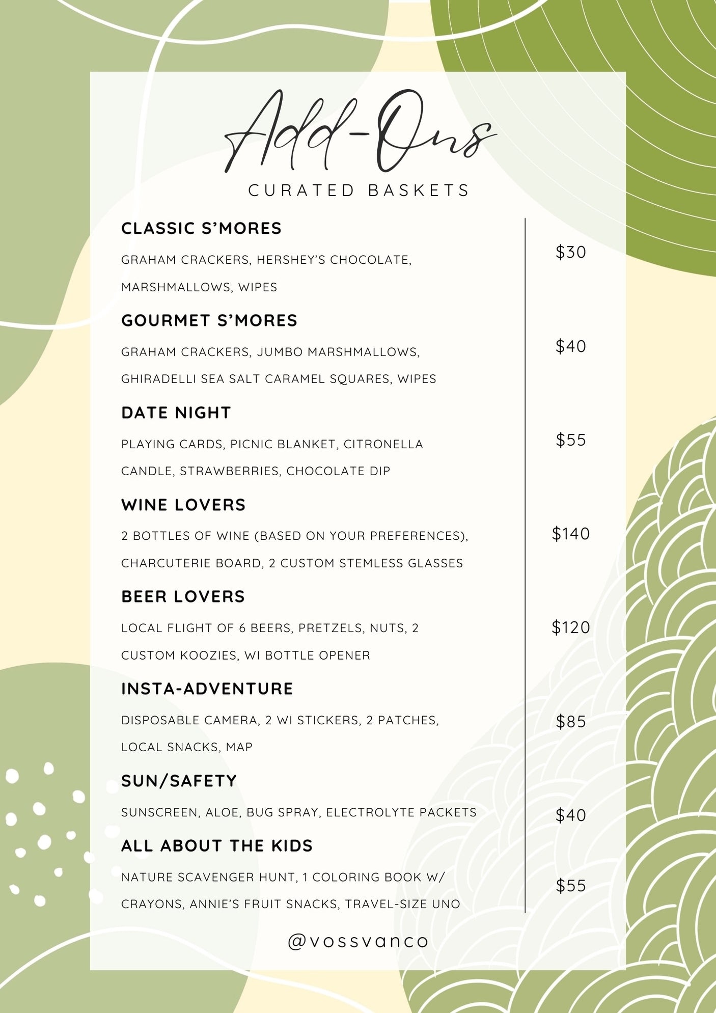 RV rental experience add-ons! A menu of curated baskets: S'mores, Date Night, Wine Lovers, etc., with descriptions and prices.