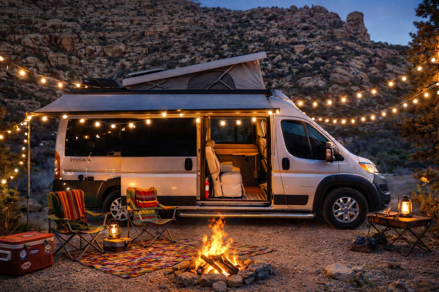 RV rental campervan at night