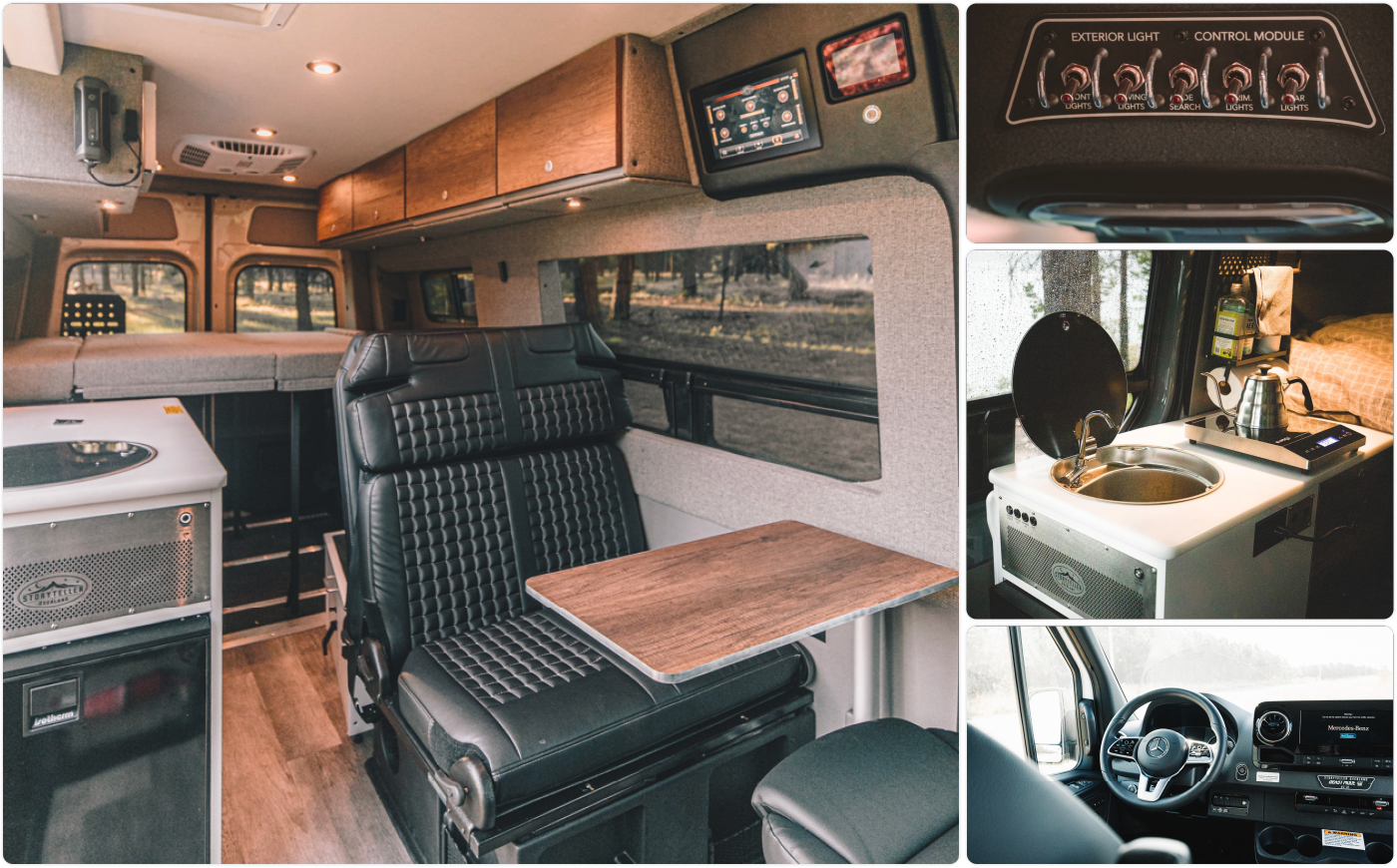 RV rental: full interior view from cockpit to cozy rear bed. Features include swivel seats, table, modern kitchen, and storage.