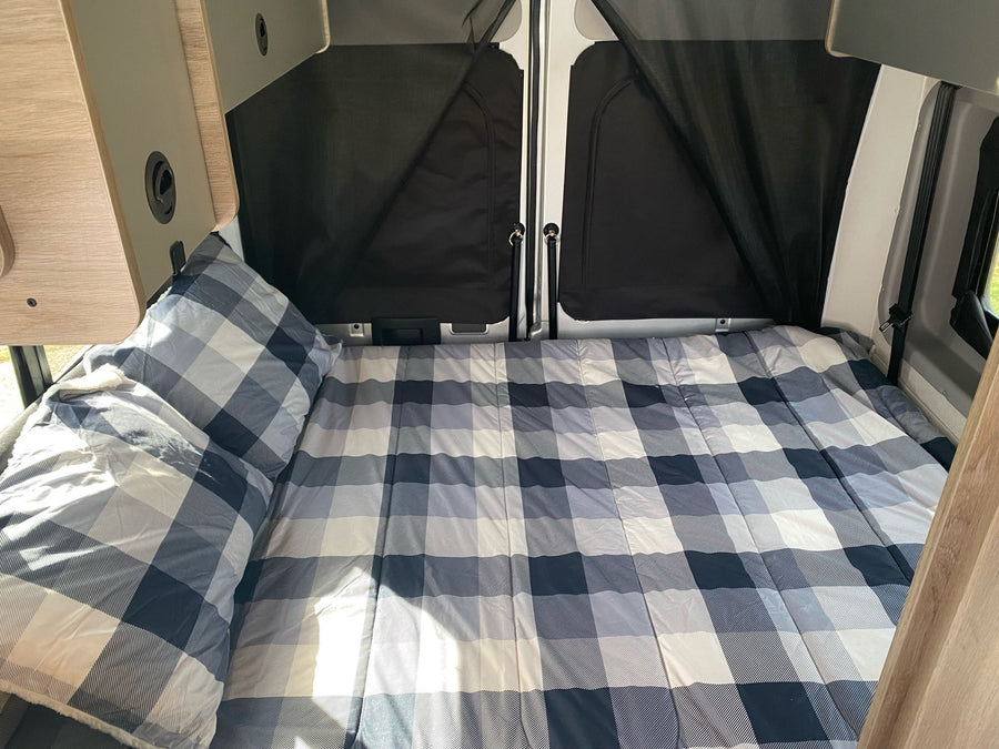 and central console controls.|RV rental interior: Kitchenette with sink
