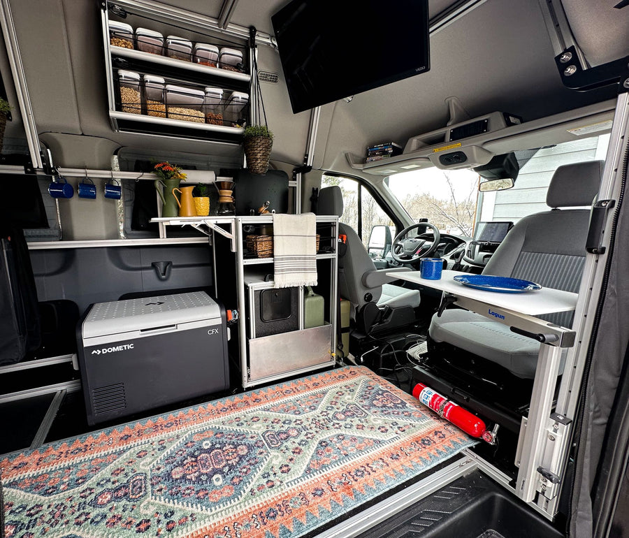 TV & smart storage.|This cozy rv rental interior features clever storage