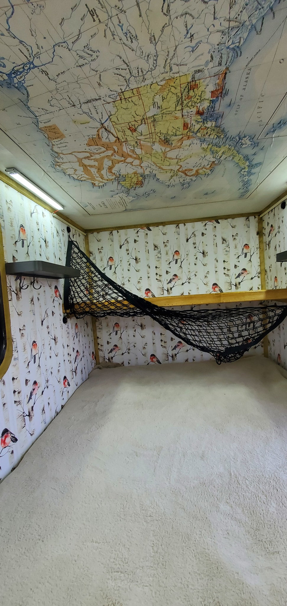 Cozy rv rental interior with a unique map ceiling, birch-patterned walls, a soft bed, and an overhead storage net.