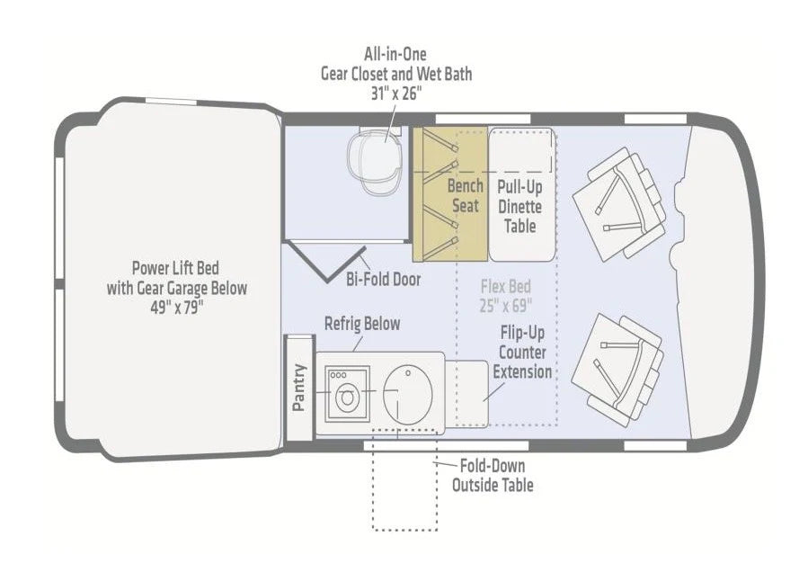 This RV rental floor plan shows a compact layout with a power lift bed, wet bath, kitchenette, and flexible dining/sleeping areas.