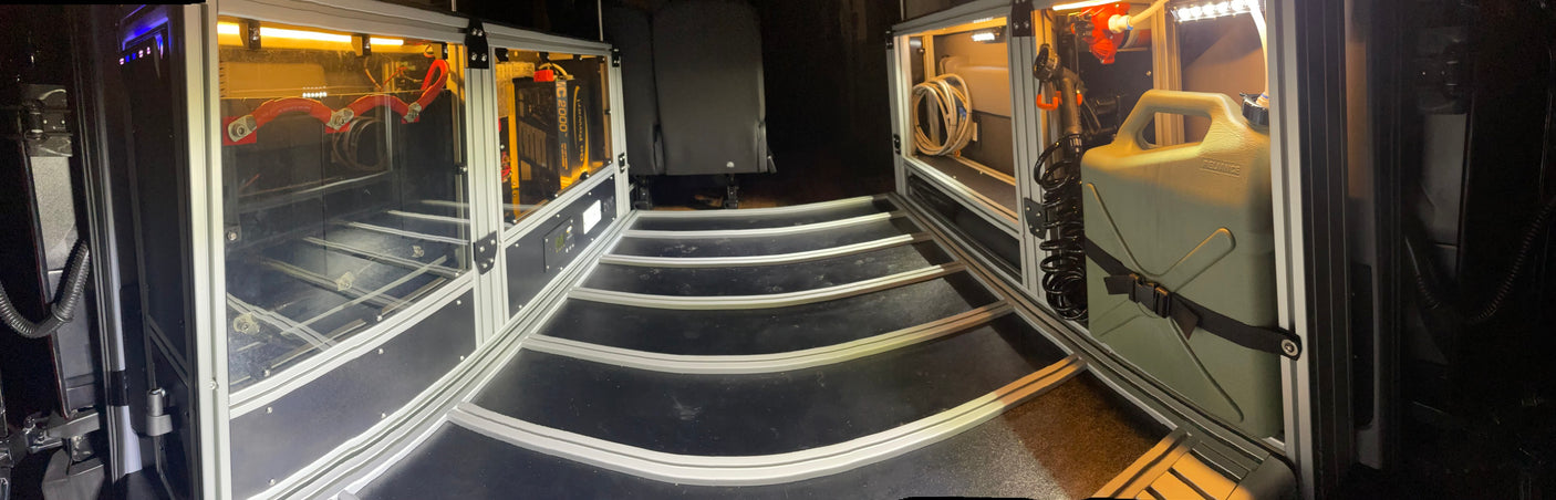 Inside a custom RV rental: left side has an inverter for power; right side features a water pump & portable tank. Modular setup for utility.