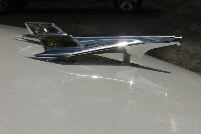 Sleek chrome hood ornament, common on a classic car or vintage RV rental, gleaming in the sun.