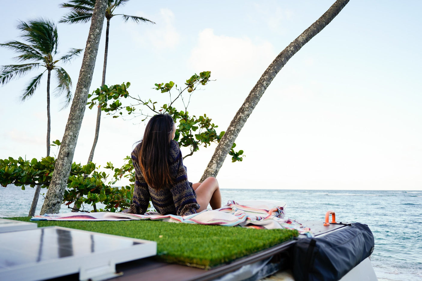 and lush foliage in an urban setting.|Woman on an RV rental rooftop deck with artificial grass and solar panels
