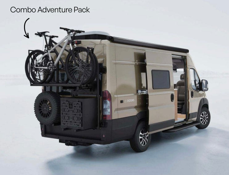 This Doovo RV rental features a Combo Adventure Pack: a bike rack with two bikes, a spare tire, and a storage box.