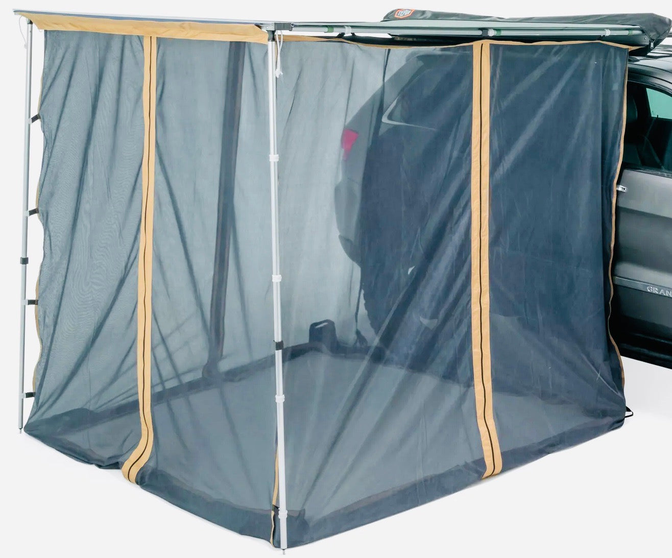 Enhance your RV rental adventure! This overland mesh room attaches to a vehicle awning, offering bug-free camping space.