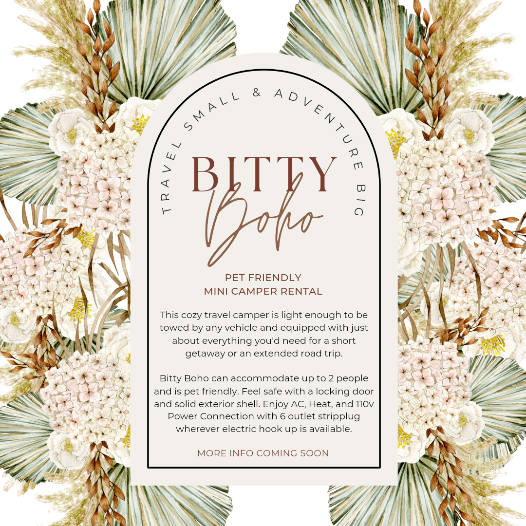 Promotional graphic for Bitty Boho, a pet-friendly mini camper RV rental for cozy travel adventures. Accommodates 2 with amenities.