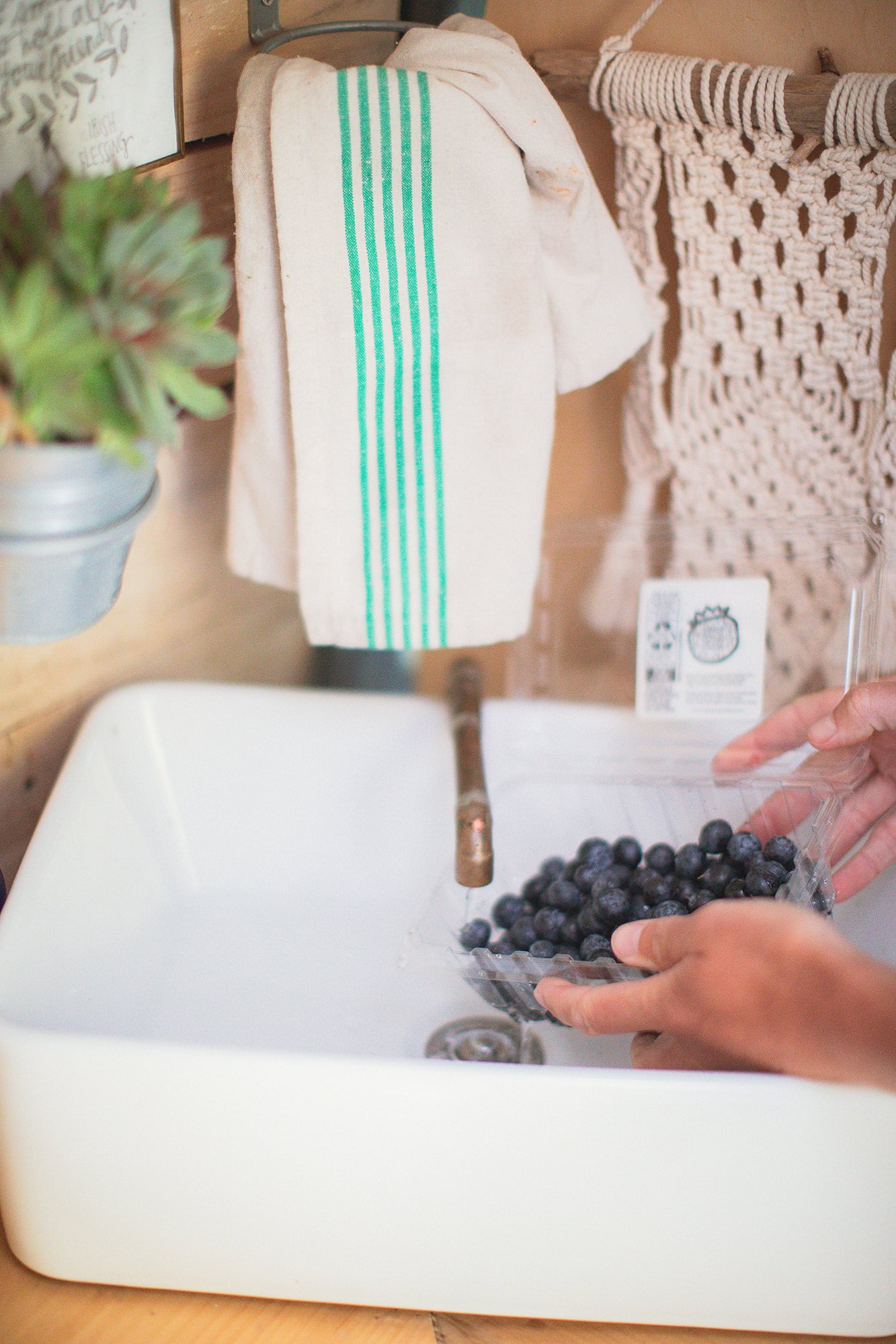 A person's hands wash blueberries in a compact RV rental kitchen sink, featuring a rustic faucet and striped towel.