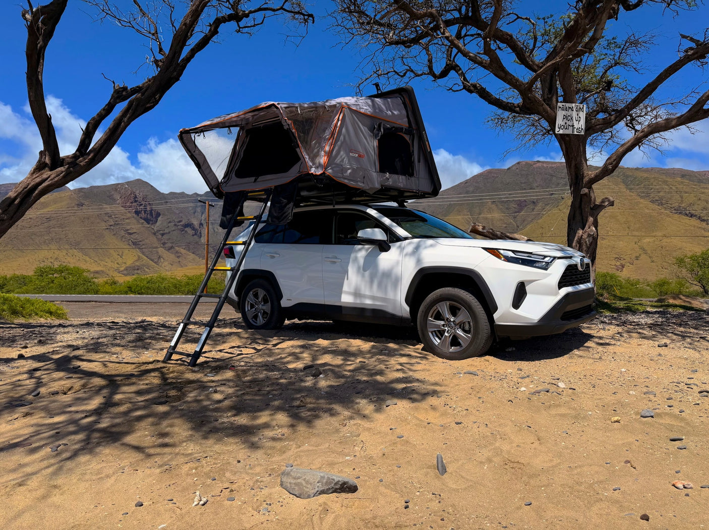 RV rental: White Toyota RAV4 with a deployed Roofnest roof tent